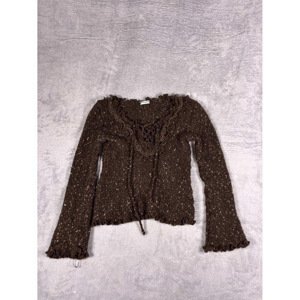 Sharagano Sweater Womens Brown V-Neck Bell Sleeve Wool Long Crochet Tie Front